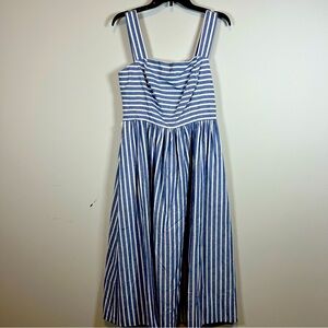 Eliza J Striped Belted Midi Summer Dress Blue & White Woven‎ Belt Size 10 NWT
